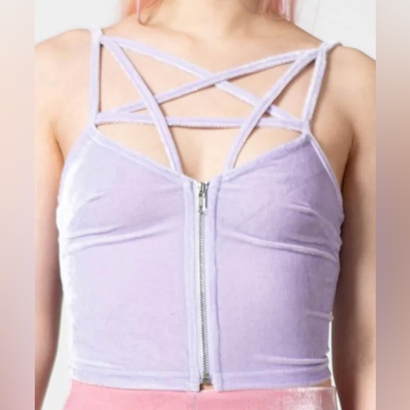 Killstar Lost in Sin Crushed Velvet Goth Pentagram Zip Crop Top Lavender Size XL - Picture 1 of 9